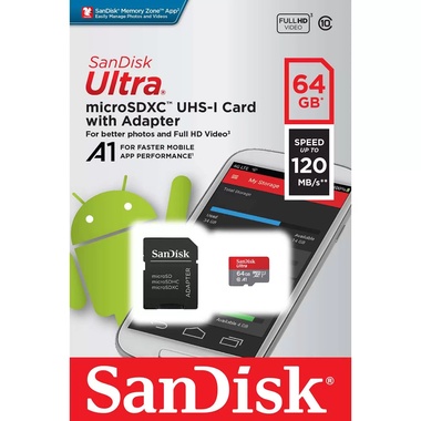 Карта памяти MicroSD SanDisk Ultra 64GB UHS-I + адаптер